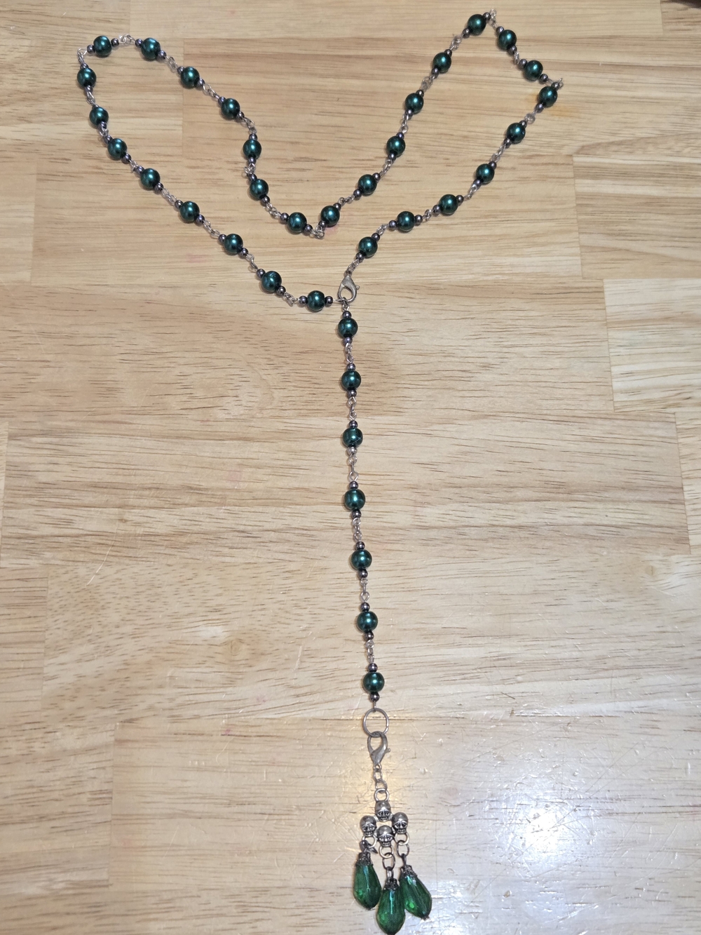 Handmade Green Beaded Lariat Adjustable Necklace with Removable Charm